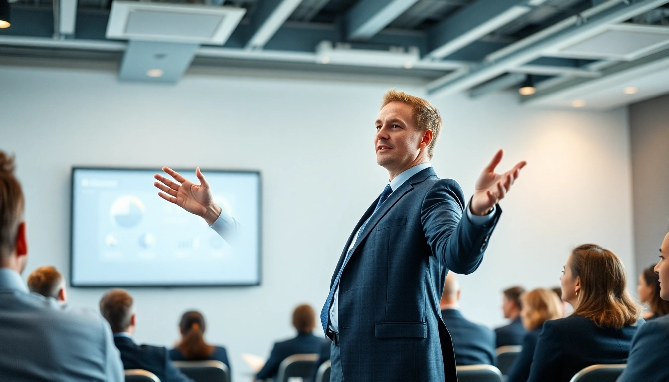 Enhance your Presentation Skills Training with an engaging presenter captivating an audience in a modern setting.