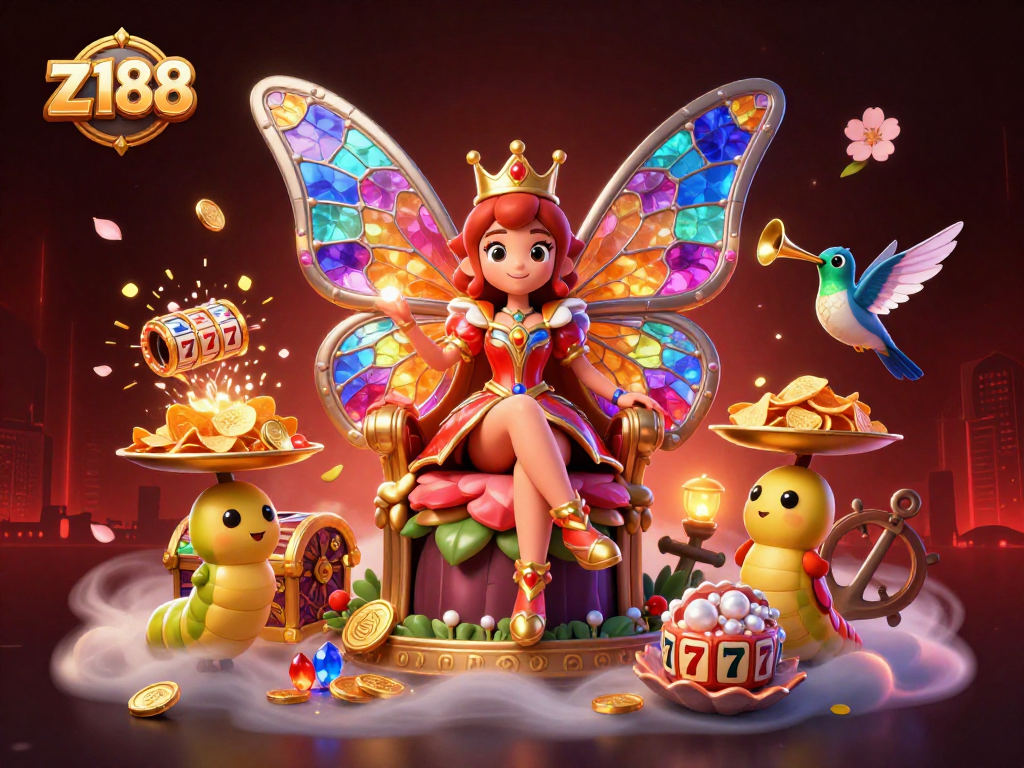 Play exciting slots and win at z 188 with colorful characters in a vibrant online casino scene.