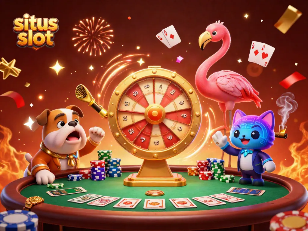 Merayakan kemenangan di situs slot dengan karakter menarik dan suasana meriah.