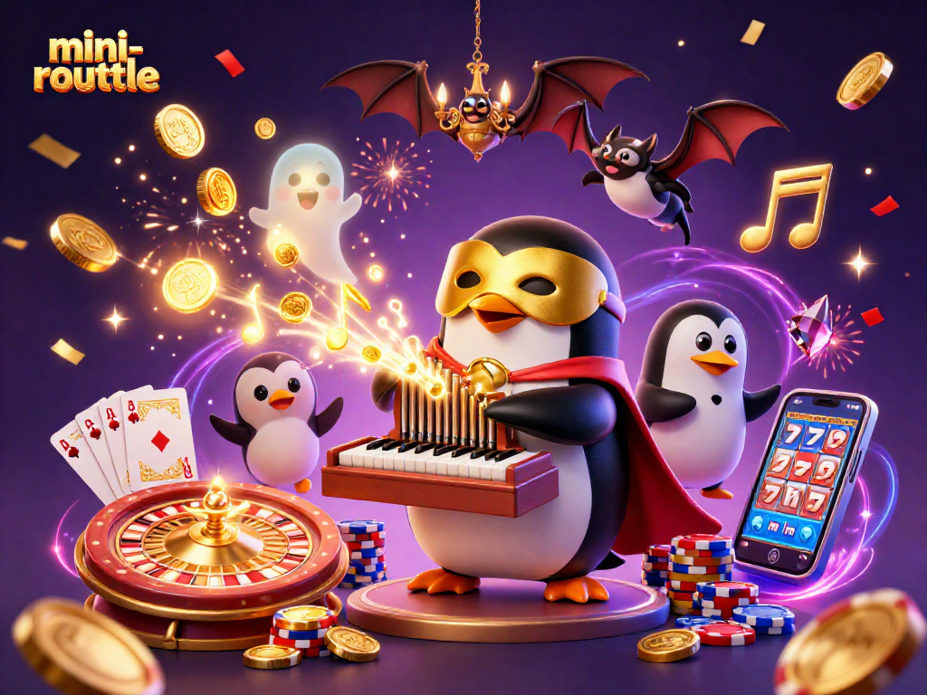 Experience the lively mini-roulette scene with a penguin character, golden coins, and vibrant casino elements.