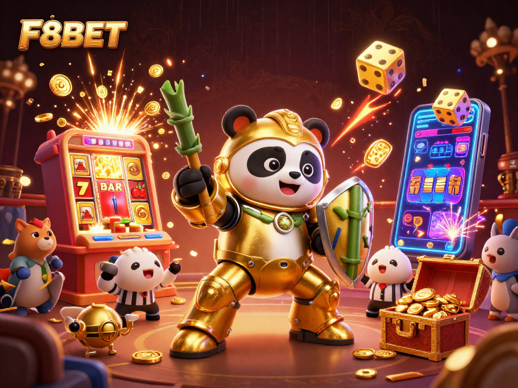 Experience exciting gaming action with F8BET in this vibrant 3D casino illustration featuring dynamic characters and elements.