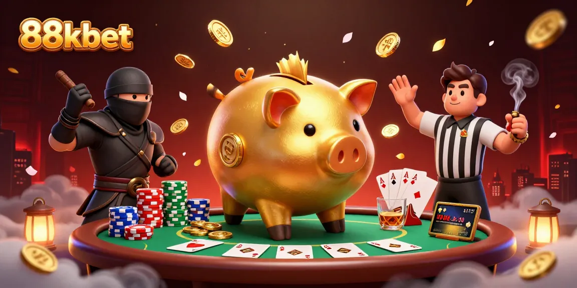 Engaging scene of 88kbet’s characters betting at a lively poker table, showcasing vibrant 3D illustration.