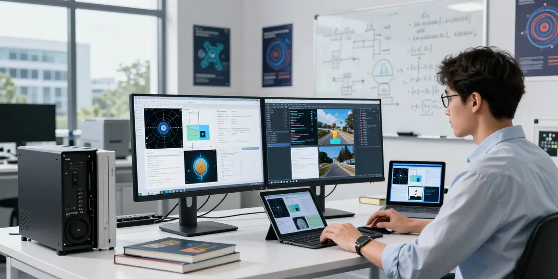 Data scientist analyzing images with AI image detection technology in a modern lab setting.