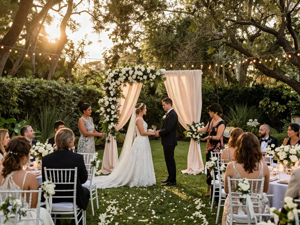 Outdoor wedding event rentals with floral decor and elegant seating