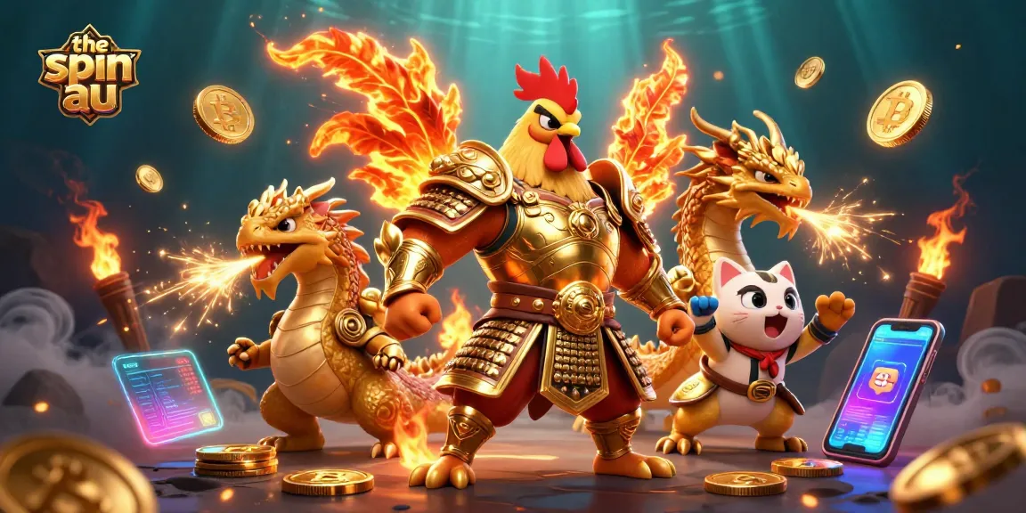 The spin au features a cartoon rooster warrior and dragon hatchling celebrating big wins in a vibrant casino scene.