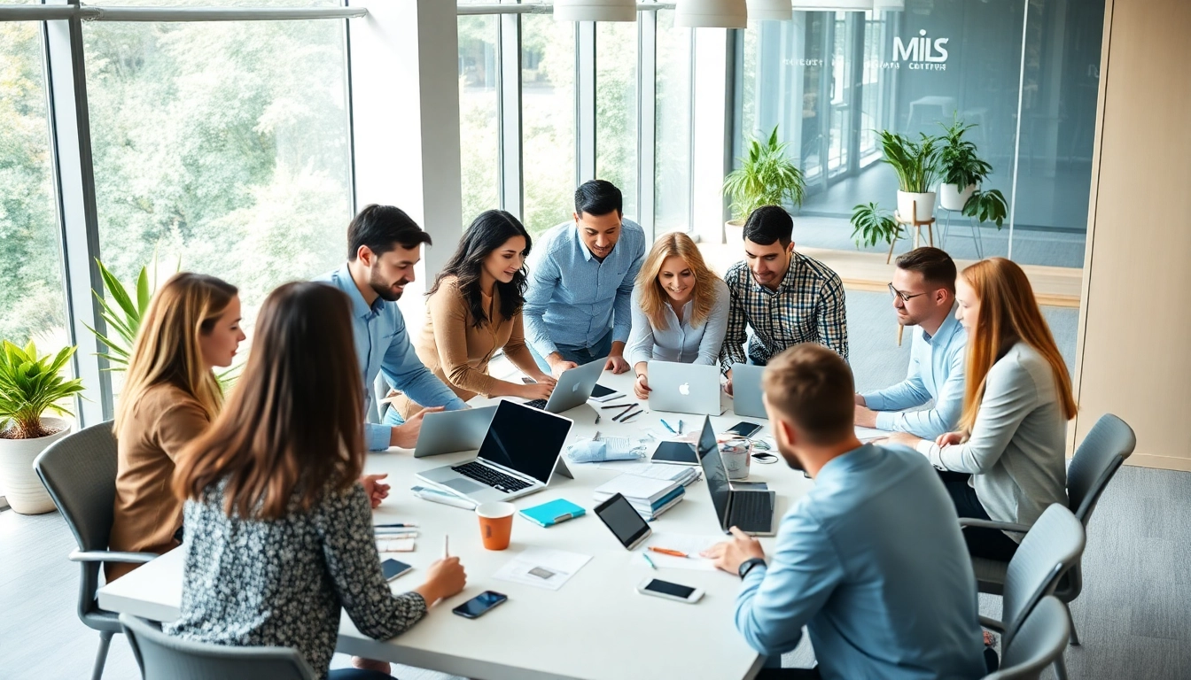 Engaged team at a social media agency collaborating creatively in a bright office setting.