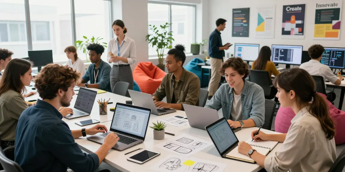 A progressive business scene showcasing a diverse team collaborating on the bdtjl project, with laptops and creative materials in a bright workspace.