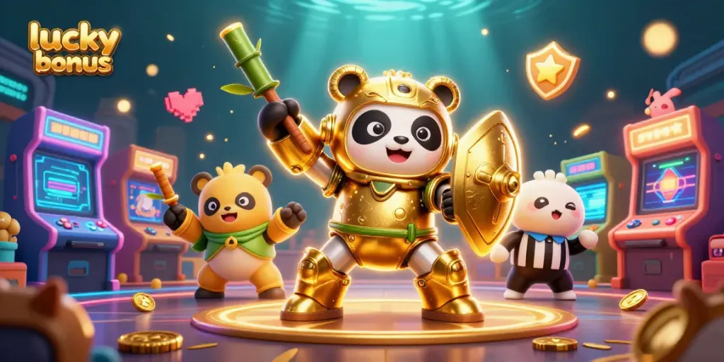 Experience the exciting lucky creek bonus with casino-themed 3D illustration featuring a golden panda mech.