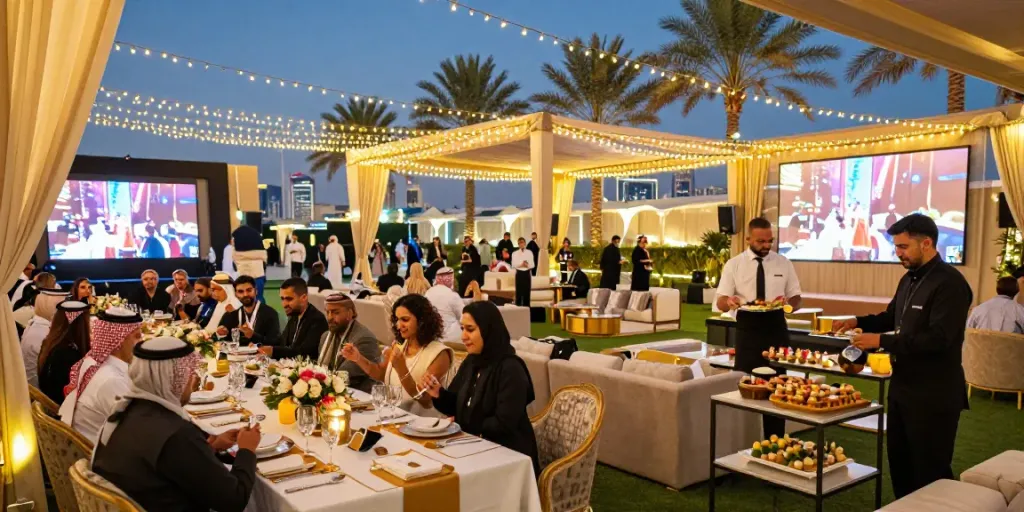 Event rentals setup for a luxurious outdoor gala with elegant tents and decorations.