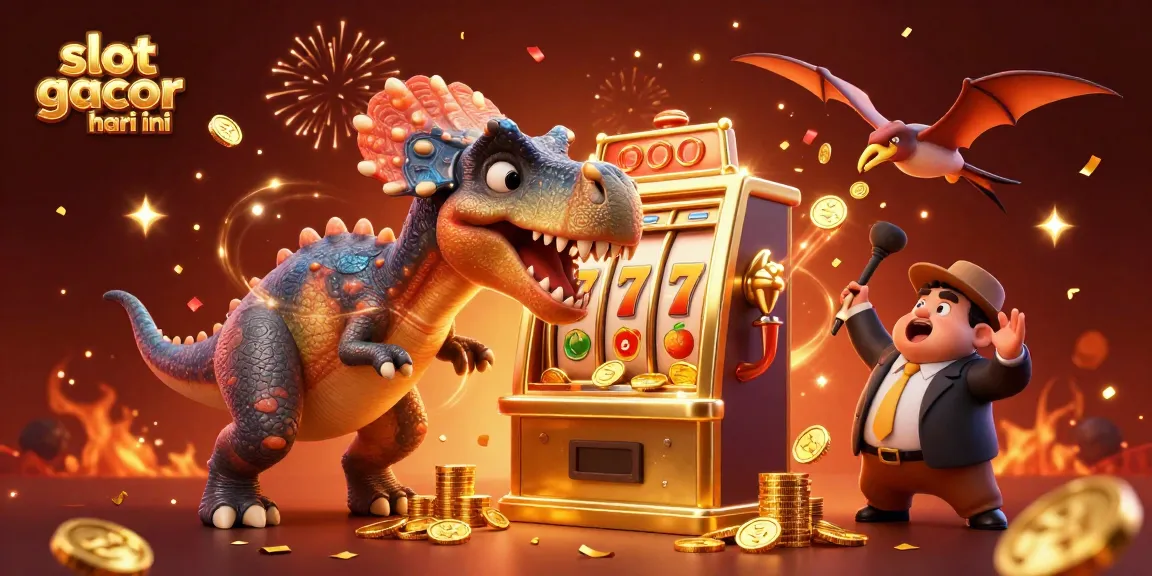 Slot gacor hari ini menampilkan pachycephalosaurus yang menghantam mesin slot emas, mengeluarkan koin jackpot
