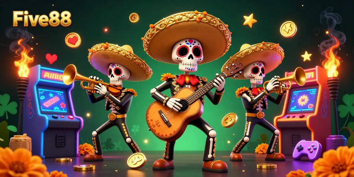 Five88 casino scene with mariachi skeletons celebrating amidst arcade game elements.