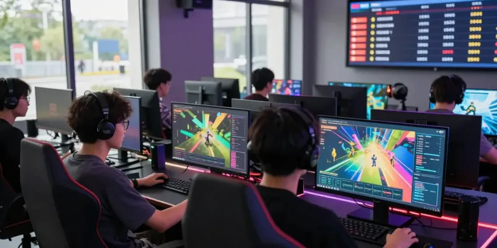 Players enjoying Singatoto login at a modern gaming center with immersive displays.