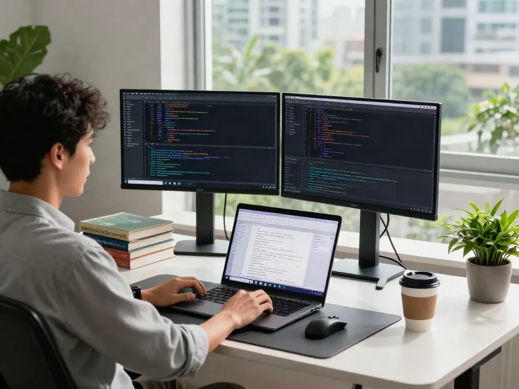 Developer engaged in coding and design work at a modern workspace, click here to investigate their techniques.