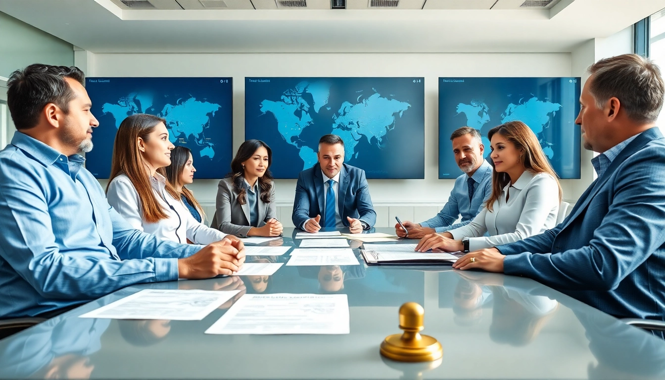 Promoting Multi-state title and escrow services with a diverse team discussing in a modern office.