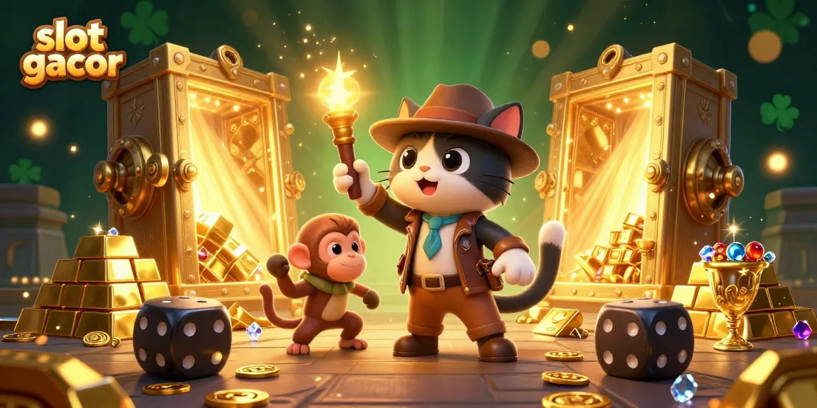 Engage with slot gacor gaming in an adventure-filled scene with golden treasures and artifacts.
