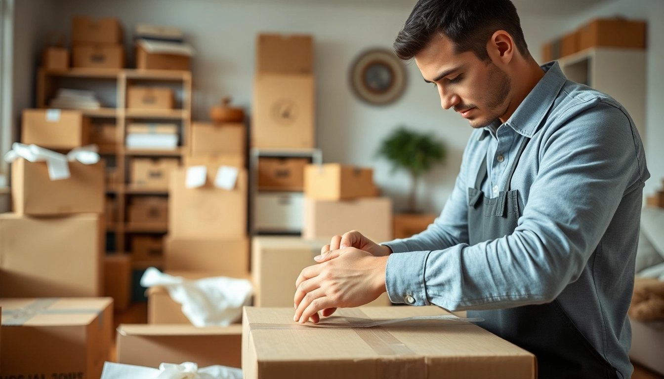 Enhance your move with professional packing services showing careful packing techniques in a clutter-free environment.