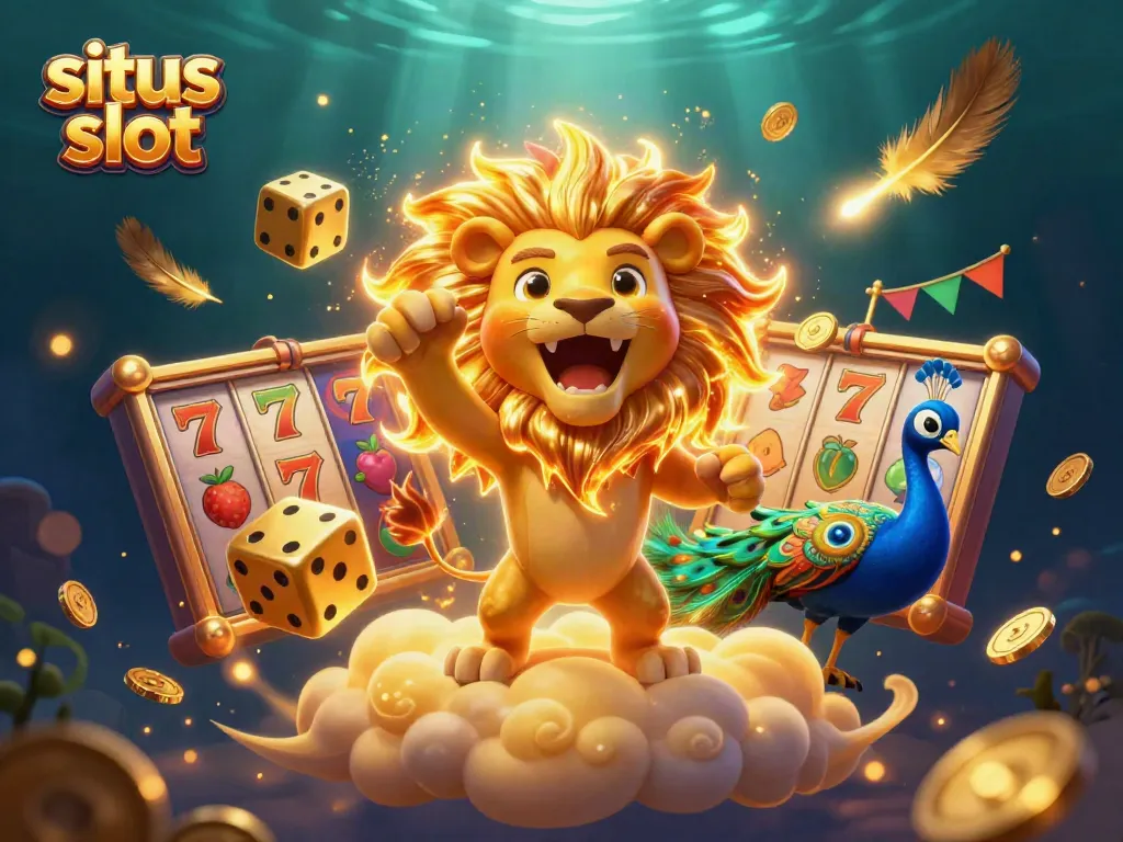 Gambarlah situs slot yang menampilkan singa raja dan dadu emas di latar belakang megah.