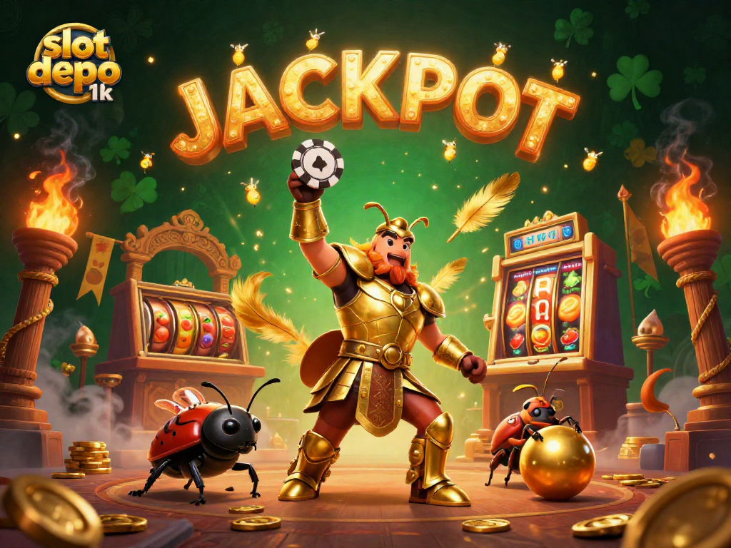 Experience thrilling wins with a slot depo 1k in this vibrant 3D illustration featuring a victorious beetle and slot machines.