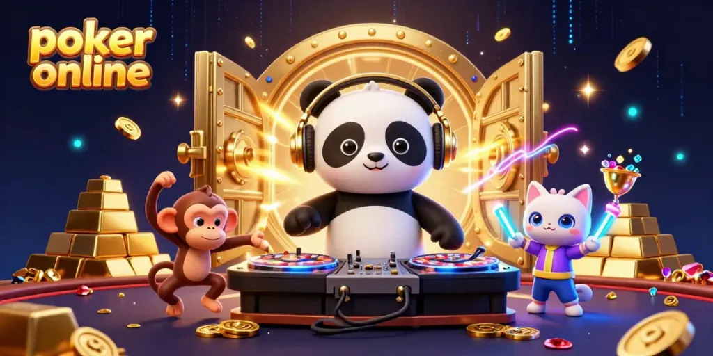 Engage in poker online with a lively DJ panda, dancing monkey, and glowing kitten in an exciting casino scene.