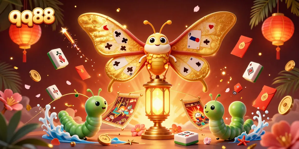 Experience winning strategies at qq88 with vibrant casino-themed 3D art featuring golden moths and lucky symbols.