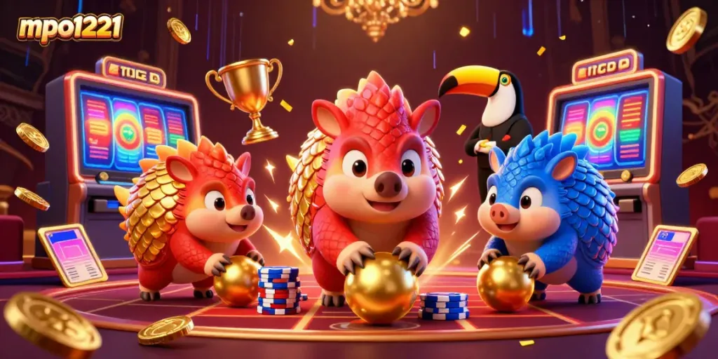 Experience the thrilling excitement of mpo1221 as pangolins roll into golden balls amid vibrant casino elements.