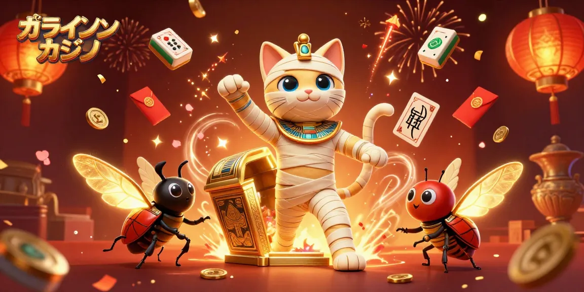 オンラインカジノのエジプト風のミイラキャットが黄金の棺から飛び出して、華やかなカジノを探求しています。