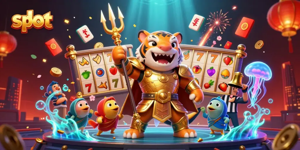 Permainan slot yang memukau dengan hiu kartun bertanduk dan simbol kemenangan yang bersinar.