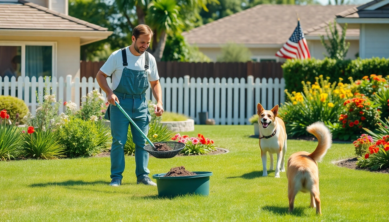 Engaging dog poop cleanup service worker efficiently clearing waste in a sunny backyard.