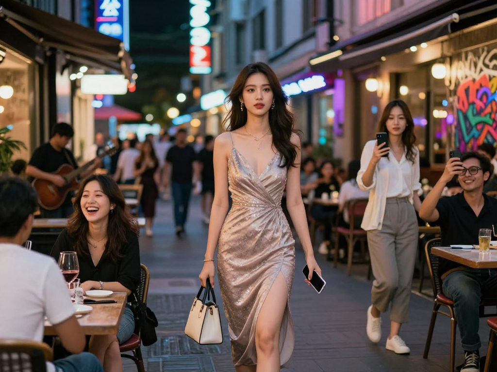 Gái gọi trong khung cảnh thành phố rực rỡ ánh đèn vào ban đêm, người phụ nữ mặc đầm dạ hội tinh tế.