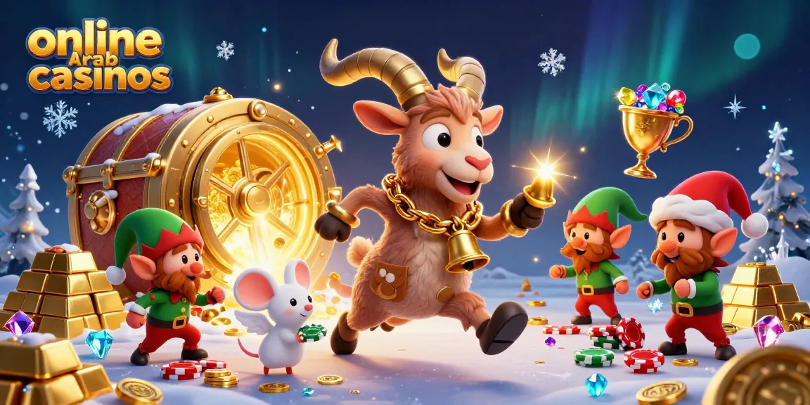 Experience online arab casinos with a festive Krampus goat leading a vibrant holiday casino scene.